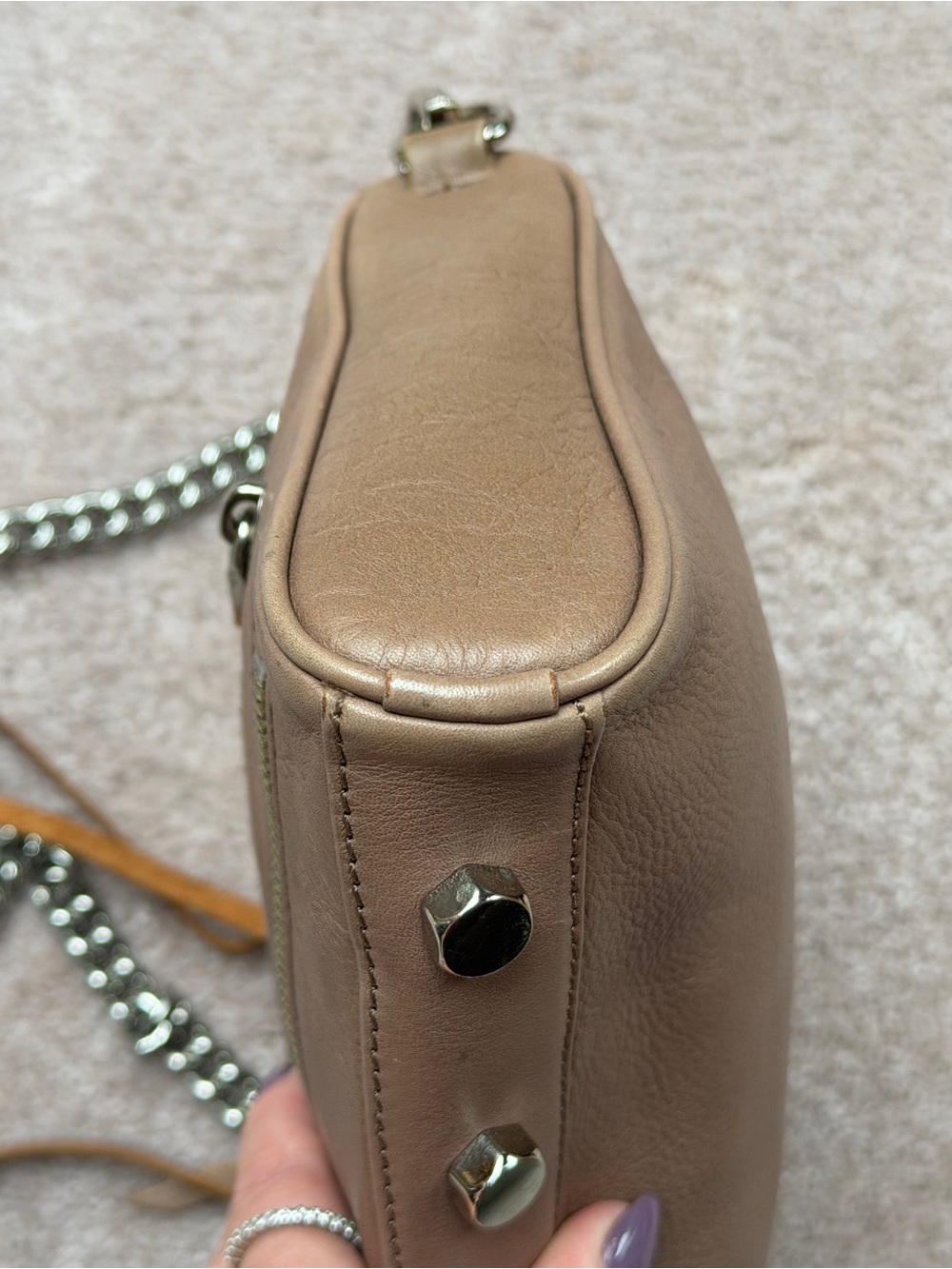 Rebecca Minkoff Shiny Mauve Pink Chain Crossbody Bag Studded Bottom Zipper - Picture 9 of 16